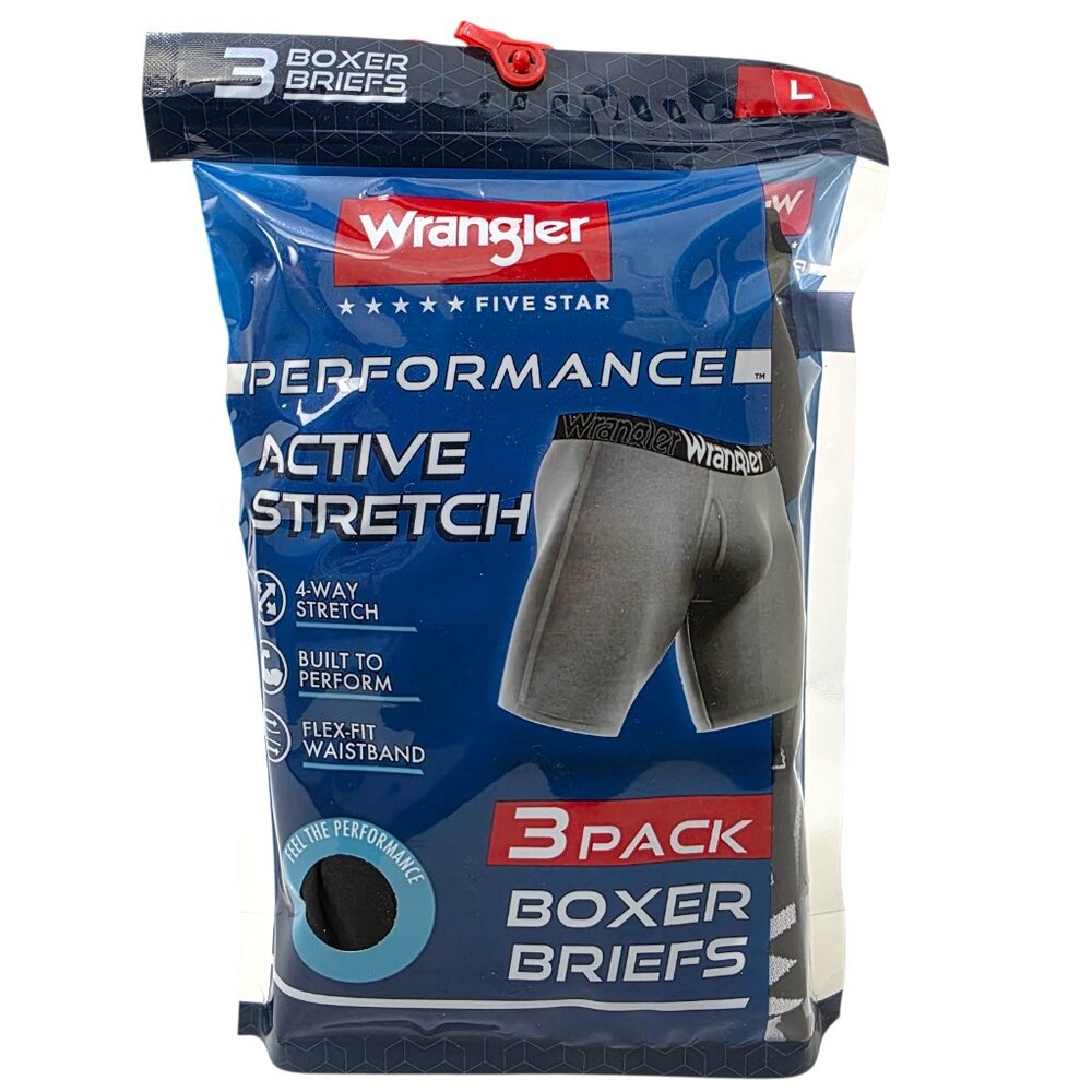 Wrangler Active Stretch Boxer Briefs Performance 3-Pack Men's L Black Five Star